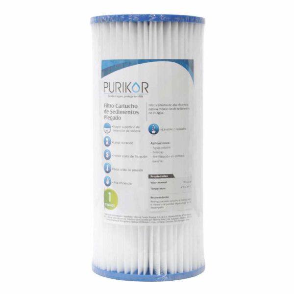 FILTRO CARTUCHO PLEGABLE DE POLIPROPILENO MARCA PURIKOR CON DIMENSIONES DE 4.5" X 20" PARA FILTRADO DE 1 MICRA